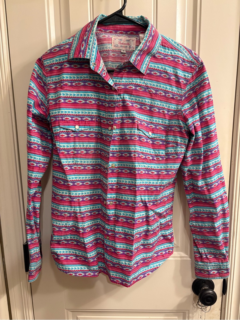 Women's Aztec-Print Button-Down Shirt in Pink & Teal